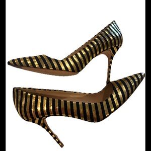 J.Crew 7.5Elsie Pumps Gold Black Striped Heels Leather Pointed Toe Made In Italy